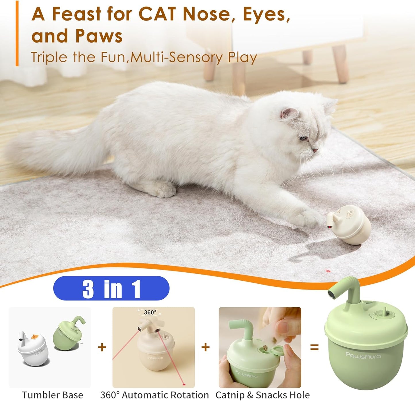Automatic Laser Cat Interactive Toy, Self-Balancing 360° Auto-Spin Laser Pointer with Catnip Hole, Triple-Sensory – Kitten Sight, Smell & Touch, Boredom Relief Toy for Indoor Adult Cat (white)