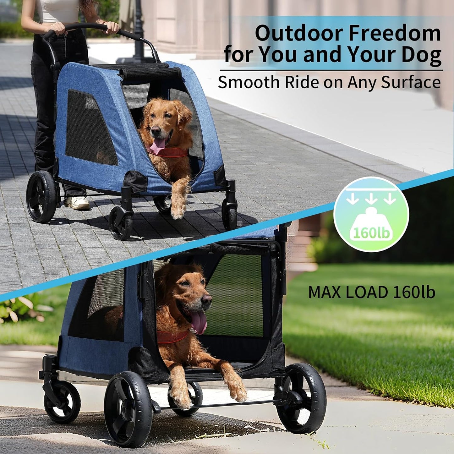EchoSmile Heavy-Duty Large Dog Stroller with Shock-Absorbing Wheels, Foldable Pet Travel Carrier for Medium & Large Dogs, 5 Mesh Windows, 160 lbs Capacity, Easy Assembly & Storage