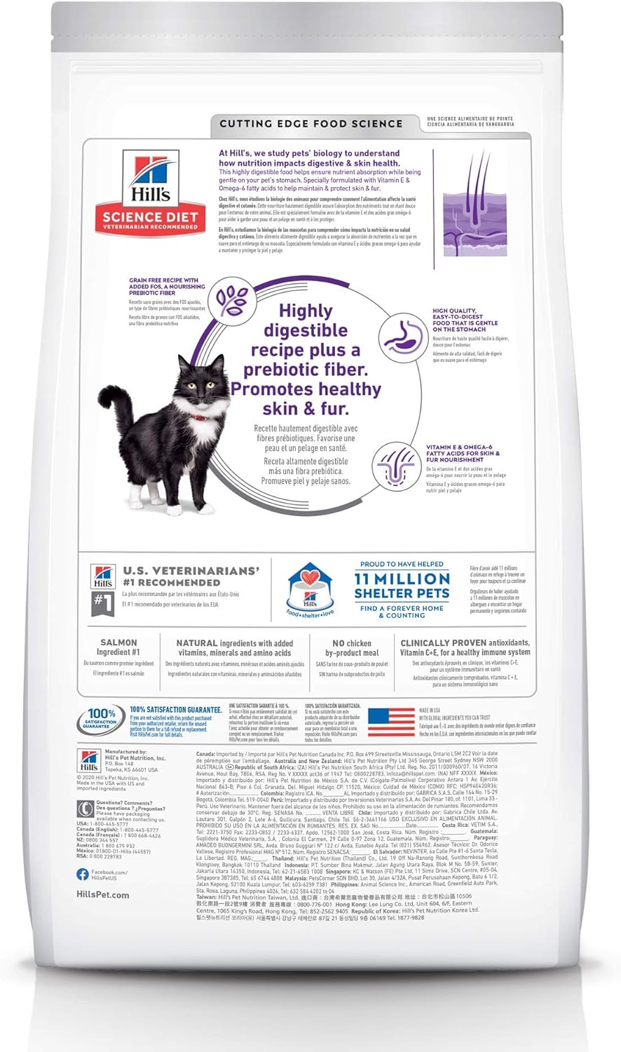 Hill's Science Diet Sensitive Stomach & Skin, Adult 1-6, Stomach & Skin Sensitivity Support, Dry Cat Food, Grain Free Salmon & Yellow Peas, 13 lb Bag