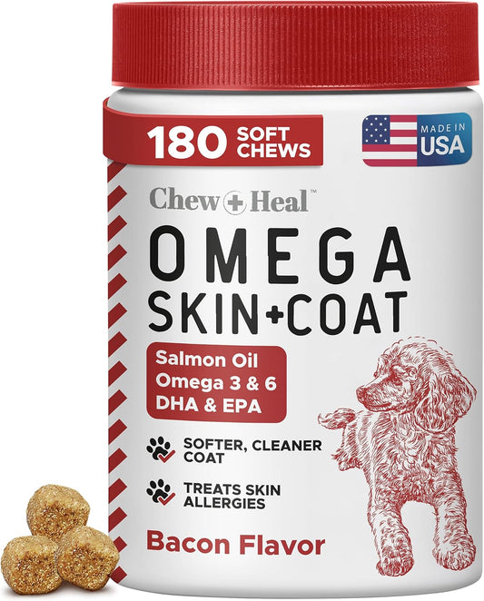 Omega for Dogs - 180 Delicious Soft Chews - Salmon Oil Treats for Skin and Coat, Itch Relief - Fish Oil Blend of Essential Fatty Acids, Omega 3, 6, and 9, and Vitamins - Smoked Bacon Flavor