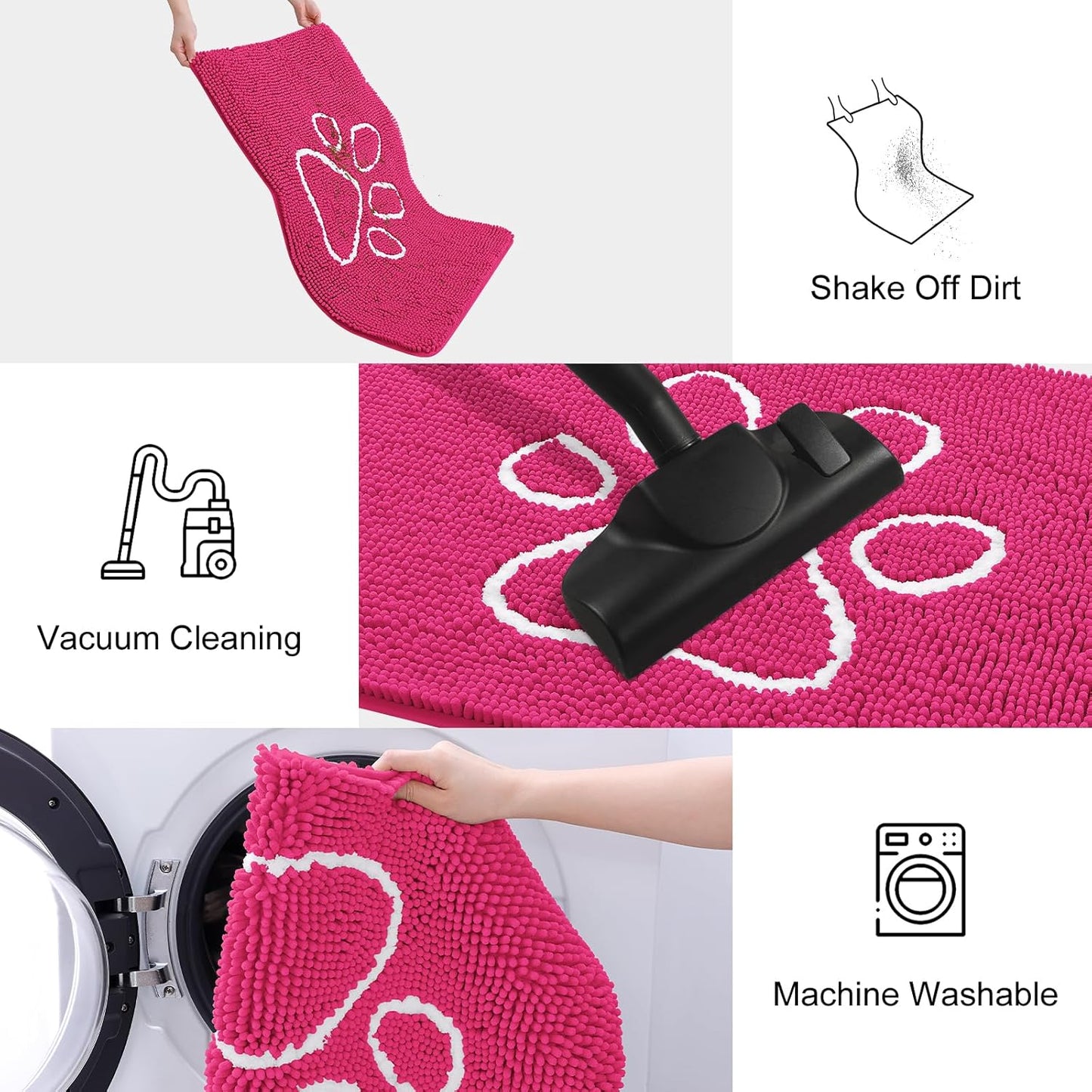 Smiry Dog Door Mat for Muddy Paws, Absorbent Dirt Trapper Non Slip Quick Dry Washable Chenille Mat for Mud Dogs, Entry Rug for Indoor and Outdoor (36x24 Inches, Hot Pink)