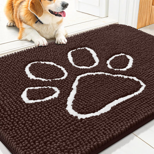 Smiry Dog Door Mat for Muddy Paws, Absorbent Dirt Trapper Non Slip Quick Dry Washable Chenille Mat for Mud Dogs, Entry Rug for Indoor and Outdoor (30x20 Inches, Brown and White)