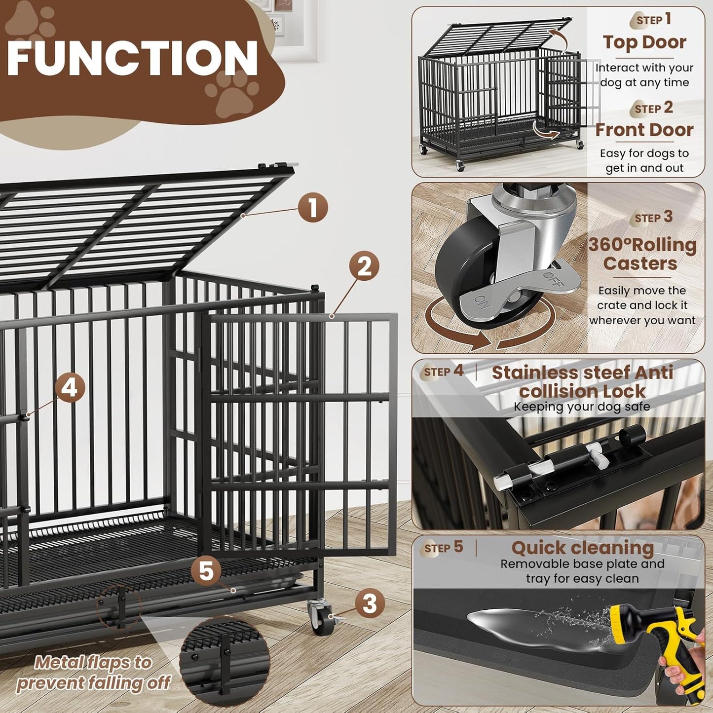 LEVELEVE 48 Inch Heavy Duty Indestructible Dog Crates for Large Dogs，Escape Proof Dog Cage Large Dogs with Lockable Wheels，Dog Kennel Furniture Indoor&Outside