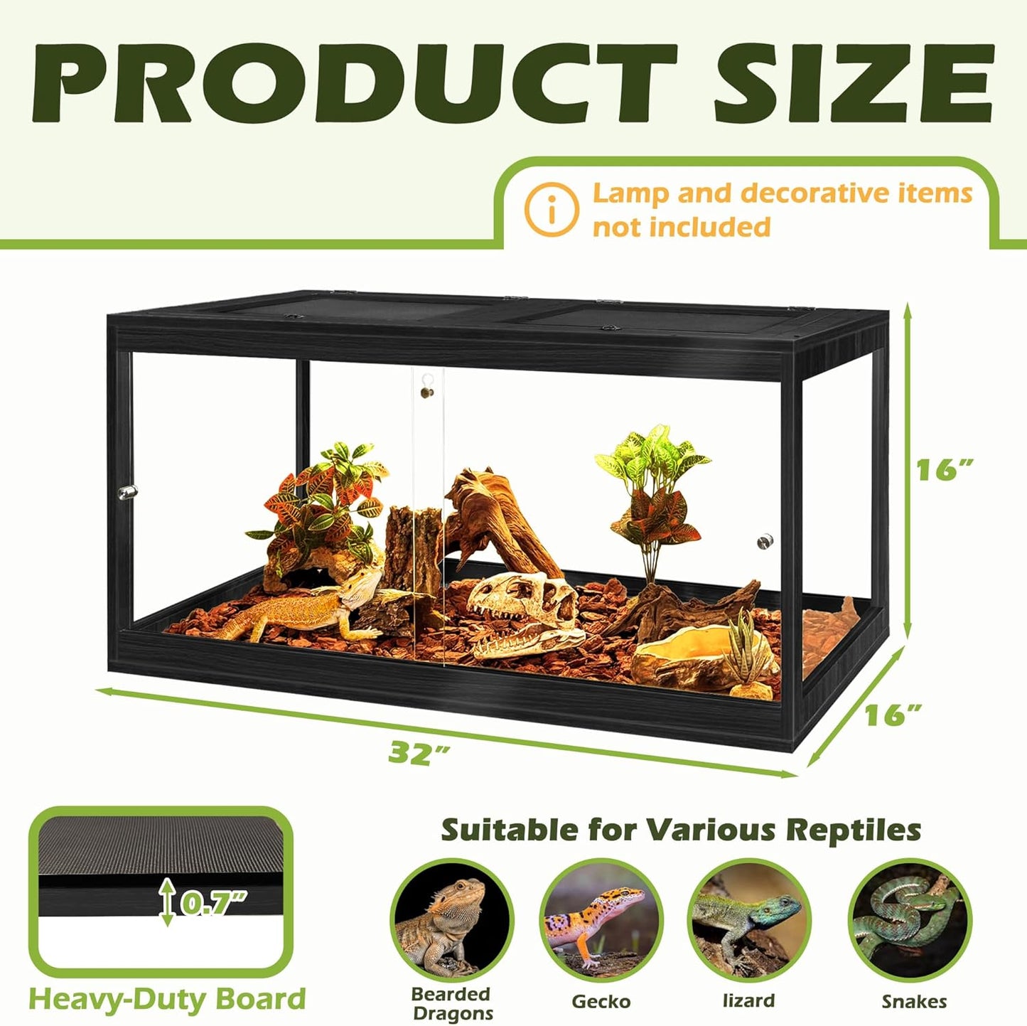 Prolee Tempered Glass Bearded Dragon Tank 37 Gallons,Reptile Encloure and Snake Tank with Metal Mesh Roof Door,Locking Design Reptile Tank for Lizard,Gecko,Chameleon (32"X16"X16",Black)