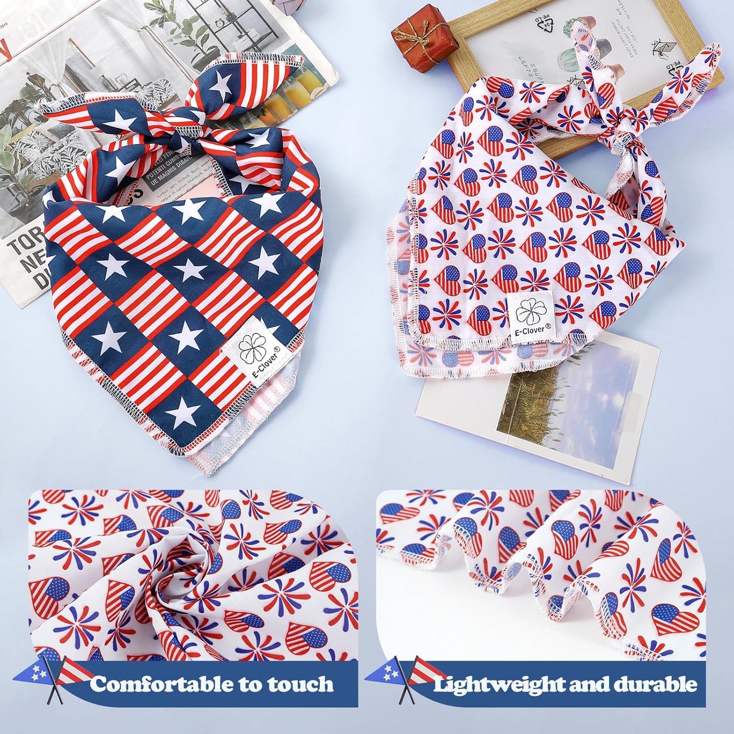 E-Clover 4th of July Dog Bandanas 2 Pack American Flag Pet Patriotic Scarf for Boy and Girl Cute Dog Costumes Accessories for Medium Large Dogs