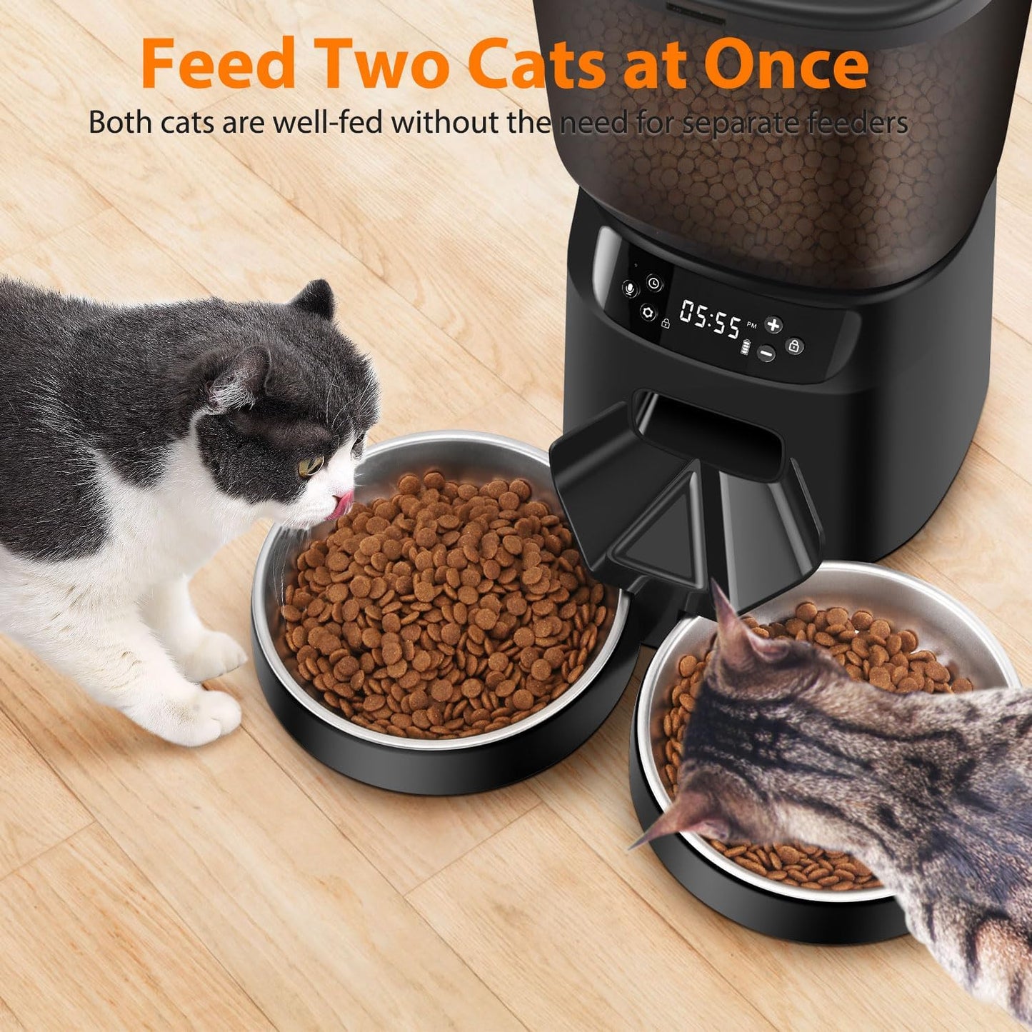 Automatic Cat Feeders for Two Cats, 5L/20 Cups Double Automatic Cat Food Dispenser with 2 Stainless Bowls, Timer Setting 20 Portions 6 Meals Per Day, 10s Meal Call, Pet Feeder for Dog (Black)