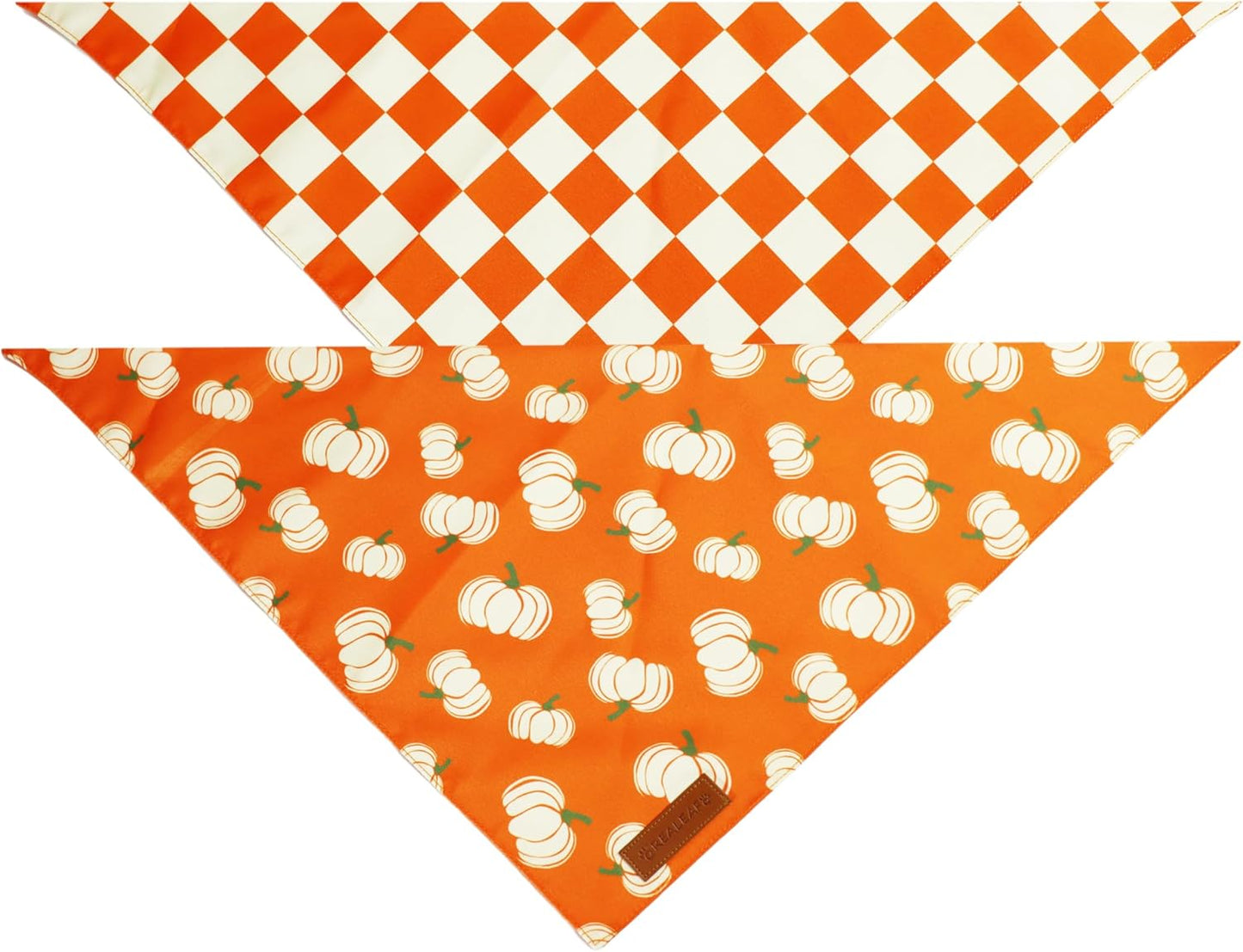 Realeaf Thanksgiving Fall Dog Bandanas 2 Pack, Orange Plaid Pumpkin Pet Scarf for Boy and Girl, Premium Durable Fabric, Holiday Halloween Bandana for Small and Medium Dogs (Fall, Small)