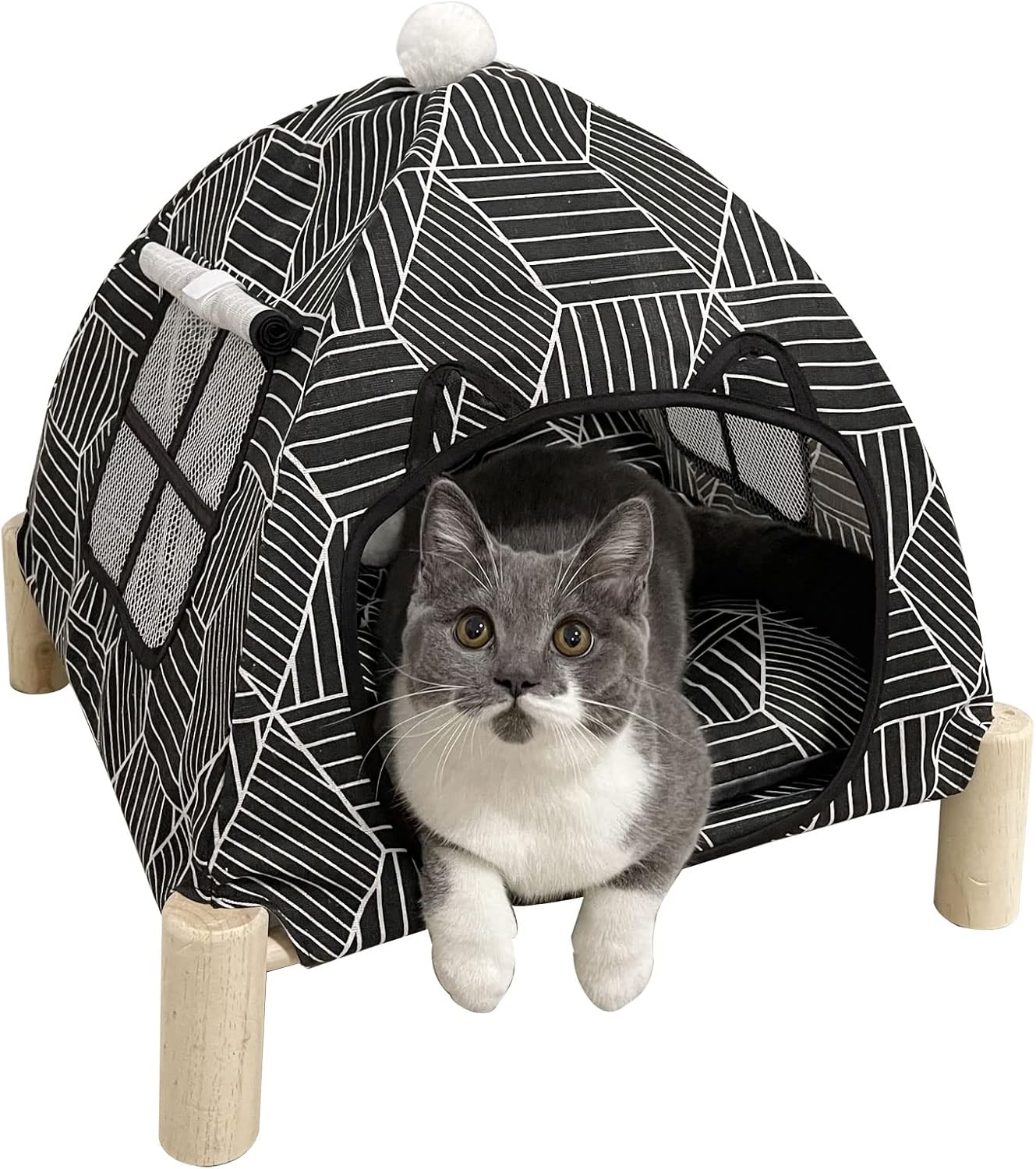 2-in-1 Elevated Cat Tent Cat House, Quick Assembly and Disassembly, Portable Indoor/Outdoor Cute Cat Bed Cave-Black Diamond Pattern