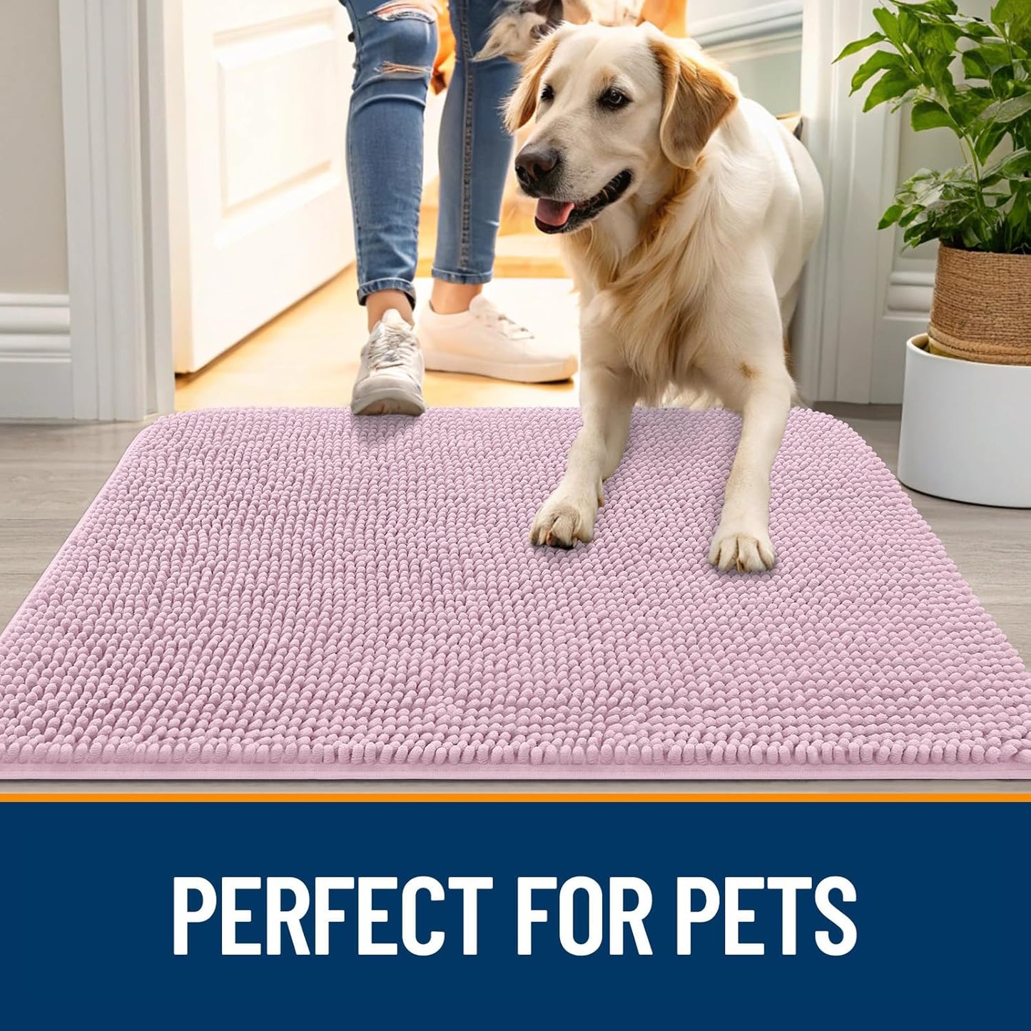 OLANLY Dog Door Mat for Muddy Paws 59x32, Absorbs Moisture and Dirt, Absorbent Non-Slip Washable Doormat, Quick Dry Chenille Mud Mat for Dogs, Entry Indoor Entryway Carpet for Inside Floor, Dusty Rose
