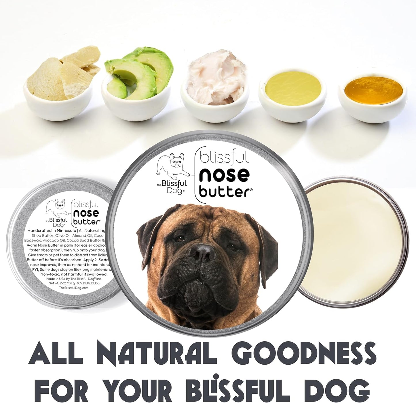 The Blissful Dog Bullmastiff Nose Butter for Dry, Cracked Skin, Lick-Safe Dog Nose Balm with Moisturizing Shea Butter, Almond, Olive, and Essential Oils, Pet Supplies, Uncented, 8 oz.