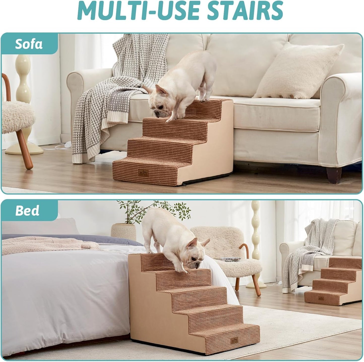 Dog Stairs for Small Dogs, 5 Tier Wider Pet Stairs for High Beds, 23.6" H Non-Slip Dog Steps for Old Cats, Puppies, Small Medium Dogs, 29.5x19.7x23.6 inch, Light Brown