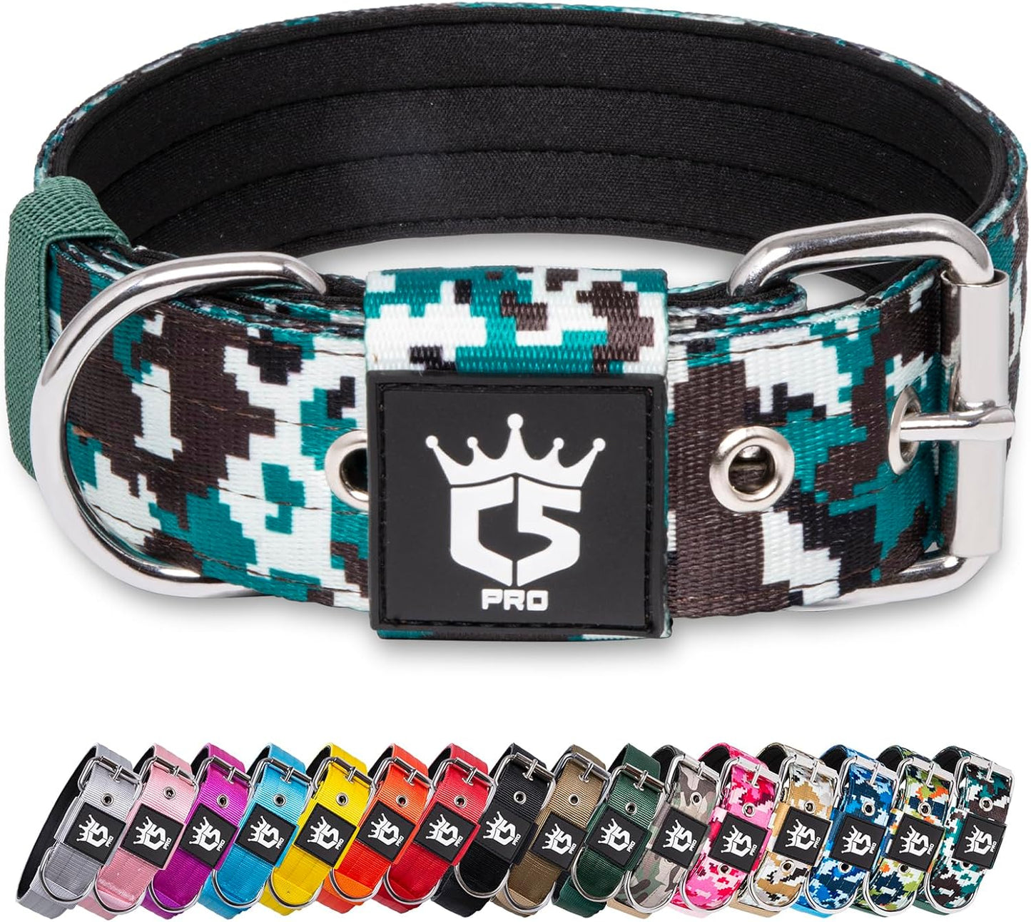 TSPRO Tactical Dog Collar 1.5 Inch Wide Thick Dog Collars with Heavy Duty Metal Buckle, Durable, Strong, Adjustable for Medium to Large Dogs (Camo Cyan M)
