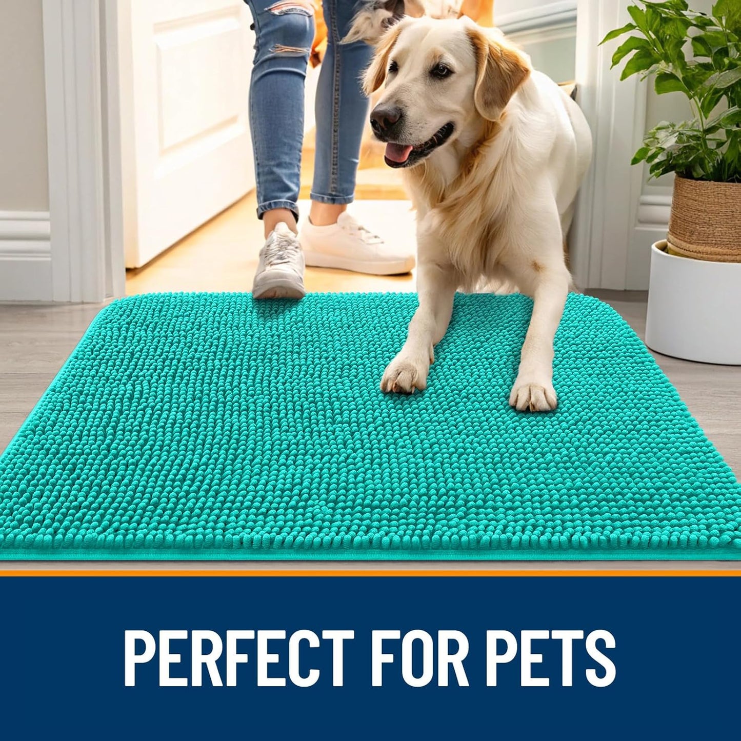 OLANLY Dog Door Mat for Muddy Paws 24x16, Absorbs Moisture and Dirt, Absorbent Non-Slip Washable Doormat, Quick Dry Chenille Mud Mat for Dogs, Entry Indoor Entryway Carpet for Inside Floor, Teal