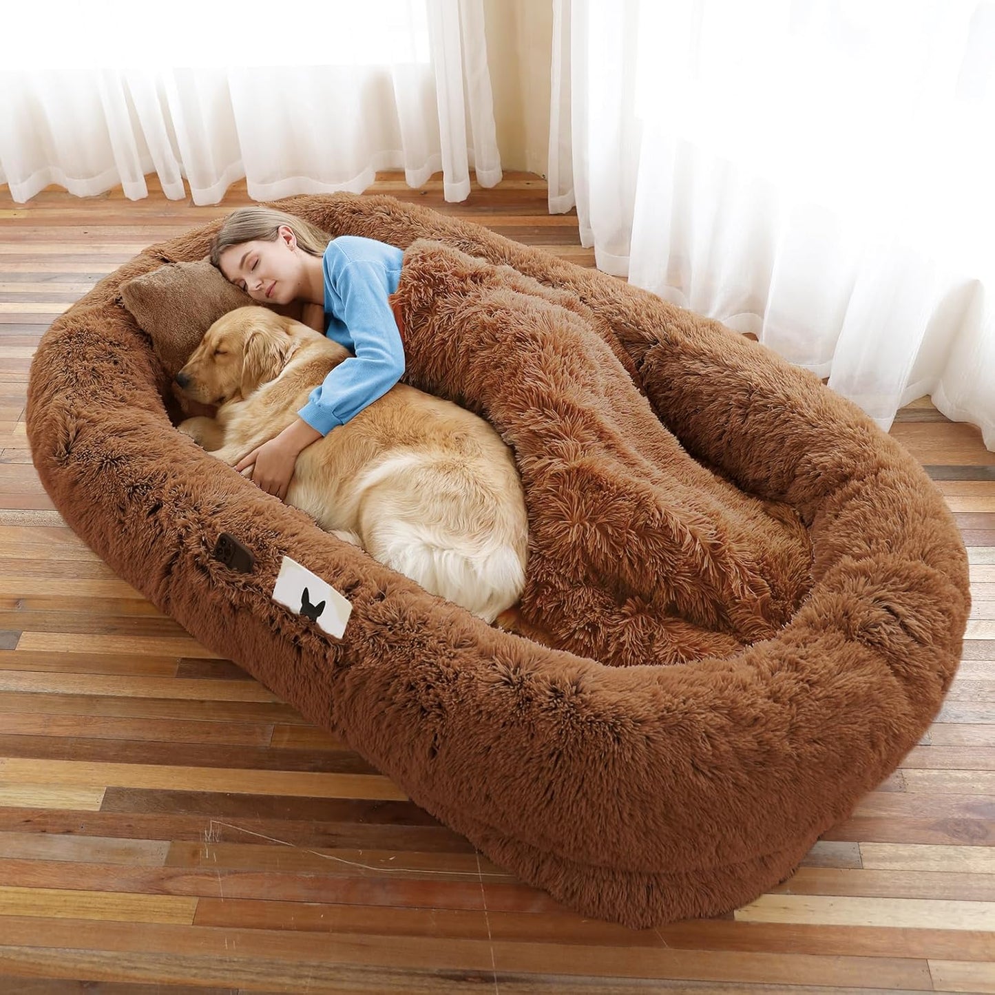 Human Dog Bed, Brown, 71''x45''x12'' Size Fits You and Pets, Washable Faux Fur Pet Bed for People Doze Off, Napping Orthopedic Dog Bed, Present Plump Pillow, Blanket, Strap