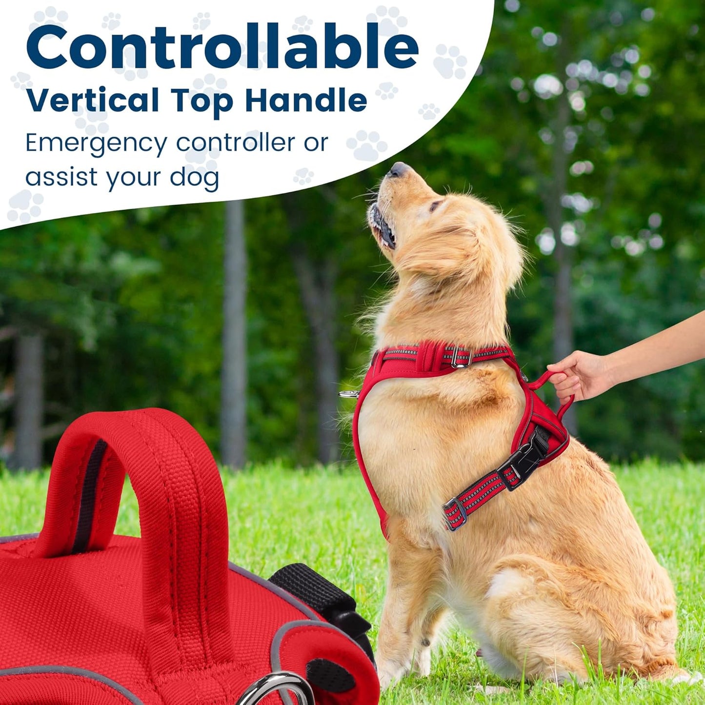 Funfox Dog Harness No Pull, Adjustable Pet Vest Harness, Super Soft Material with Vertical Handle Easy Control, Reflective Night Walking, 2 Leash Clips for Large Dogs, Red, L