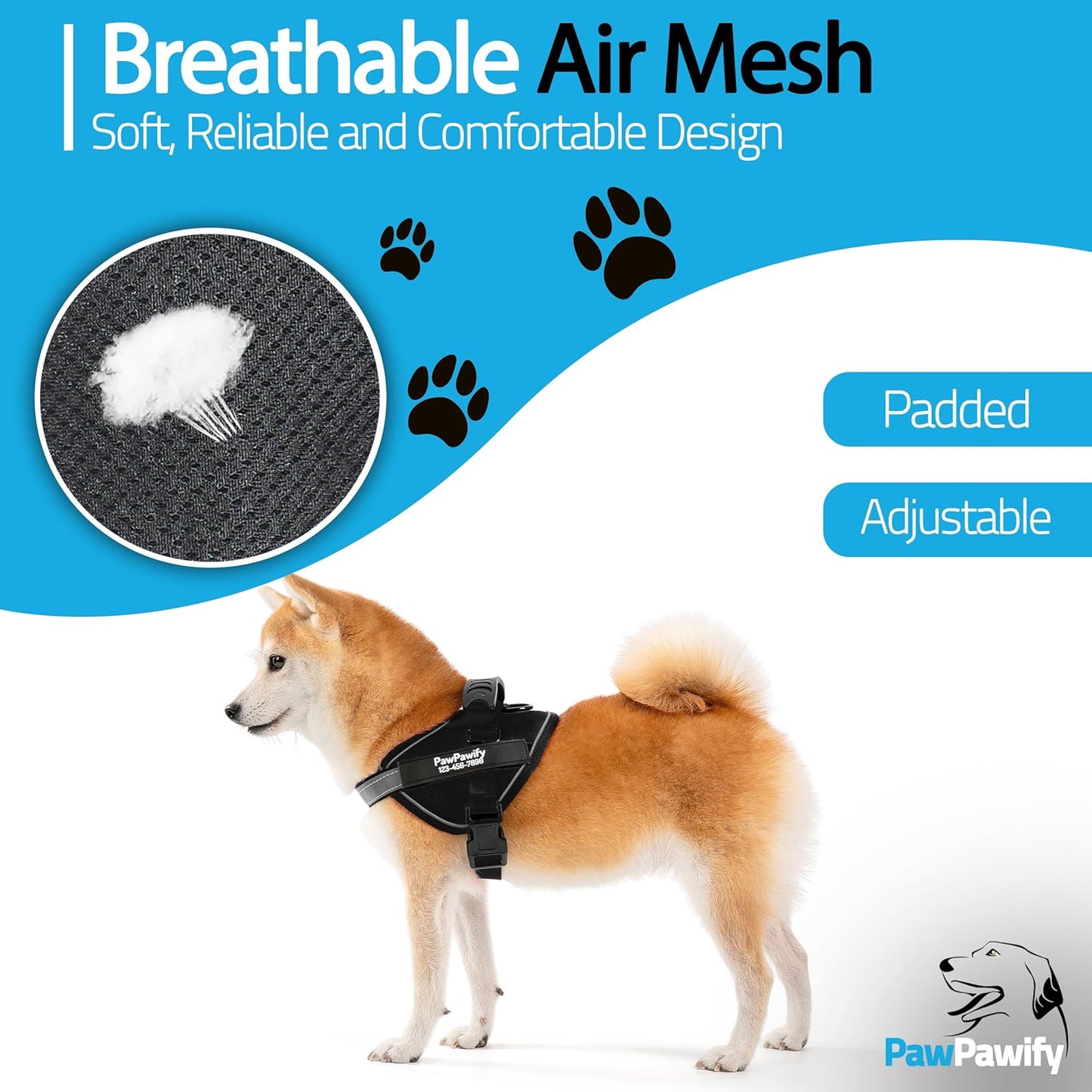 PawPawify Custom No Pull Dog Harness with Name and Phone Number, Heavy Duty Personalized Pet Vest to Prevent Tugging, Pulling, or Choking, Training and Walking (New Black, XS (5-9LBS))