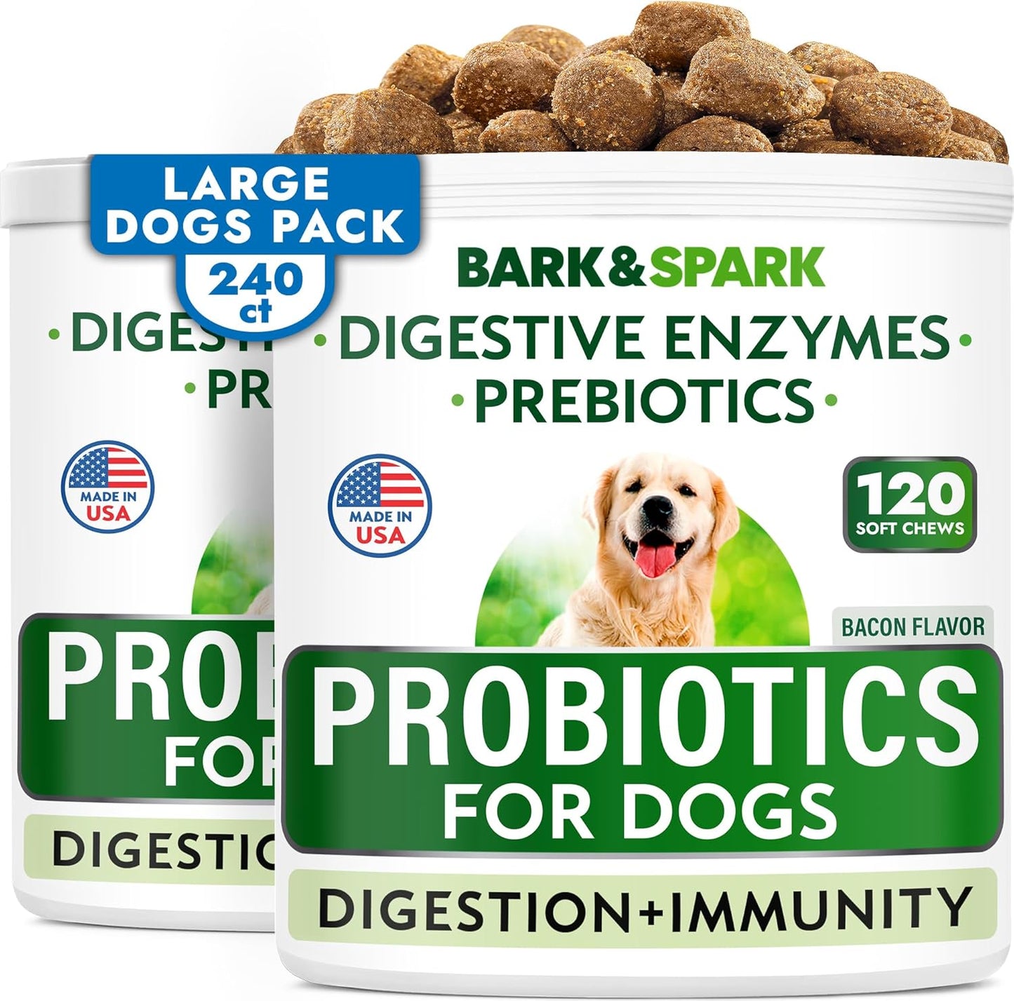 Bark&Spark Dog Probiotics & Digestive Enzymes (Gut Health) Allergy & Itchy Skin - Pet Diarrhea Gas Treatment Upset Stomach Relief, Digestion Health Prebiotic Supplement Large Dog Treats (240Ct Bacon)