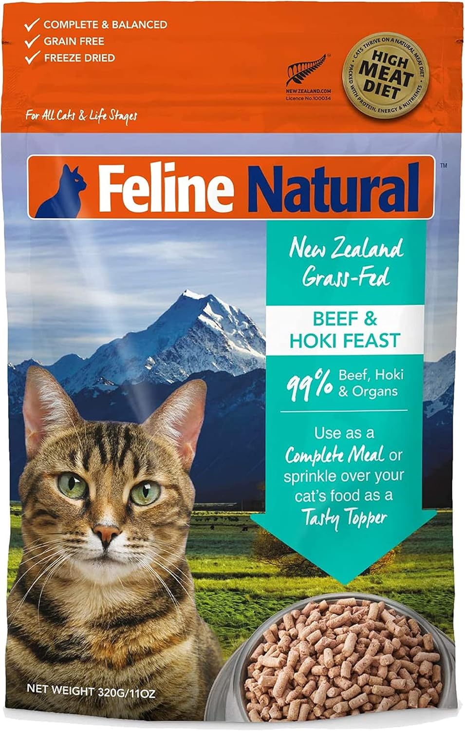 Feline Natural High Protein Dry Cat Food, Freeze-Dried Diet with 98% Meat, Organs & Seafood, No Peas, Grains, or Artificial Additives, Made in New Zealand, Beef & Hoki, 11oz