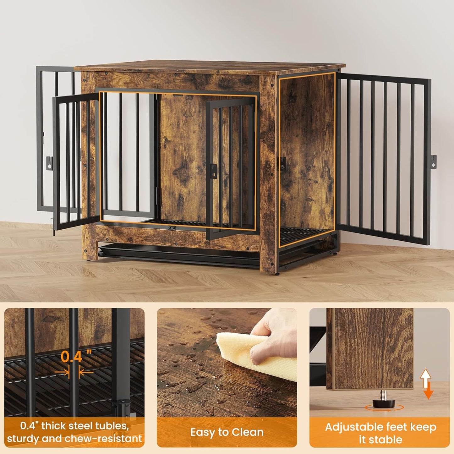 Dog Crate Furniture, Dog Crate End Table for Small and Medium Dogs,Wooden Cage Kennel Furniture Indoor, Modern Dog Crate with Multi-Purpose Removable Tray, Double-Doors Dog Furniture, Rustic Brown
