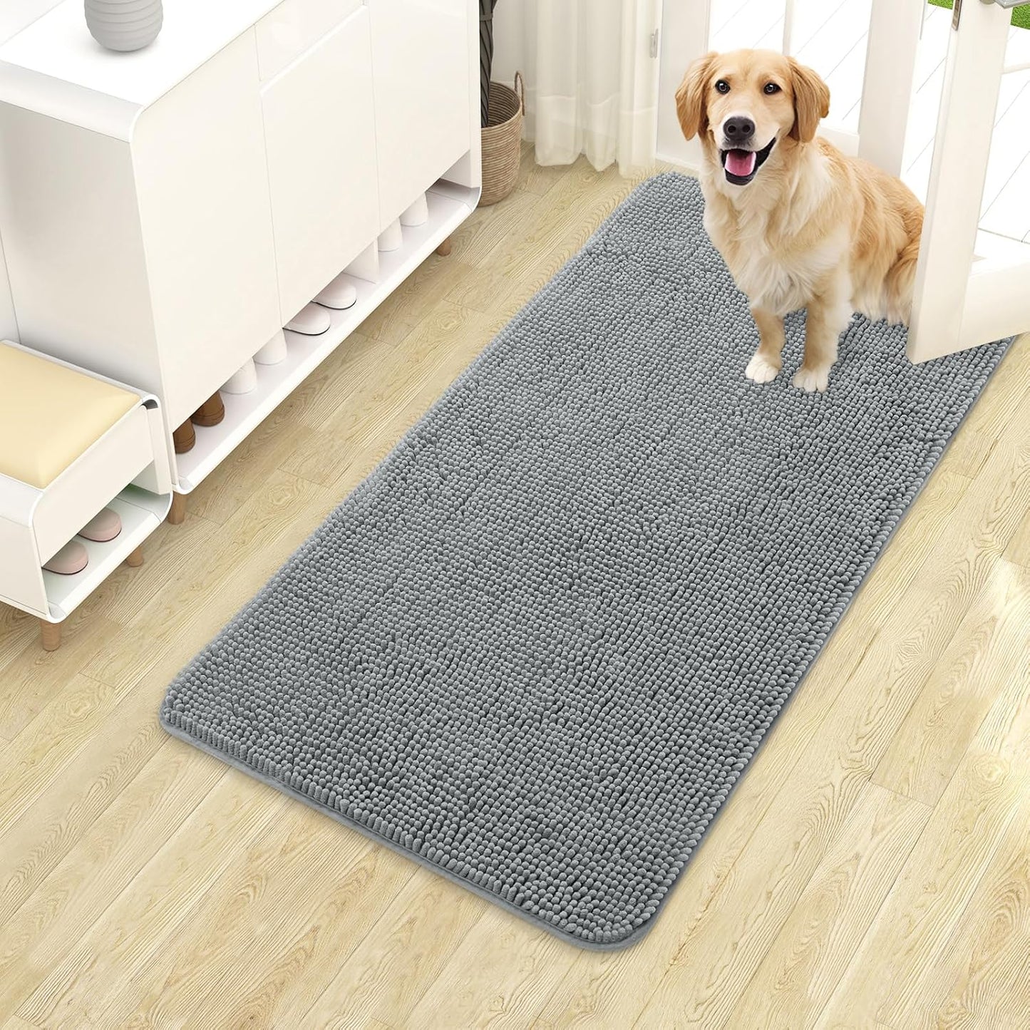 OLANLY Dog Door Mat for Muddy Paws 40x24, Absorbs Moisture and Dirt, Absorbent Non-Slip Washable Doormat, Quick Dry Chenille Mud Mat for Dogs, Entry Indoor Entryway Carpet for Inside Floor, Grey