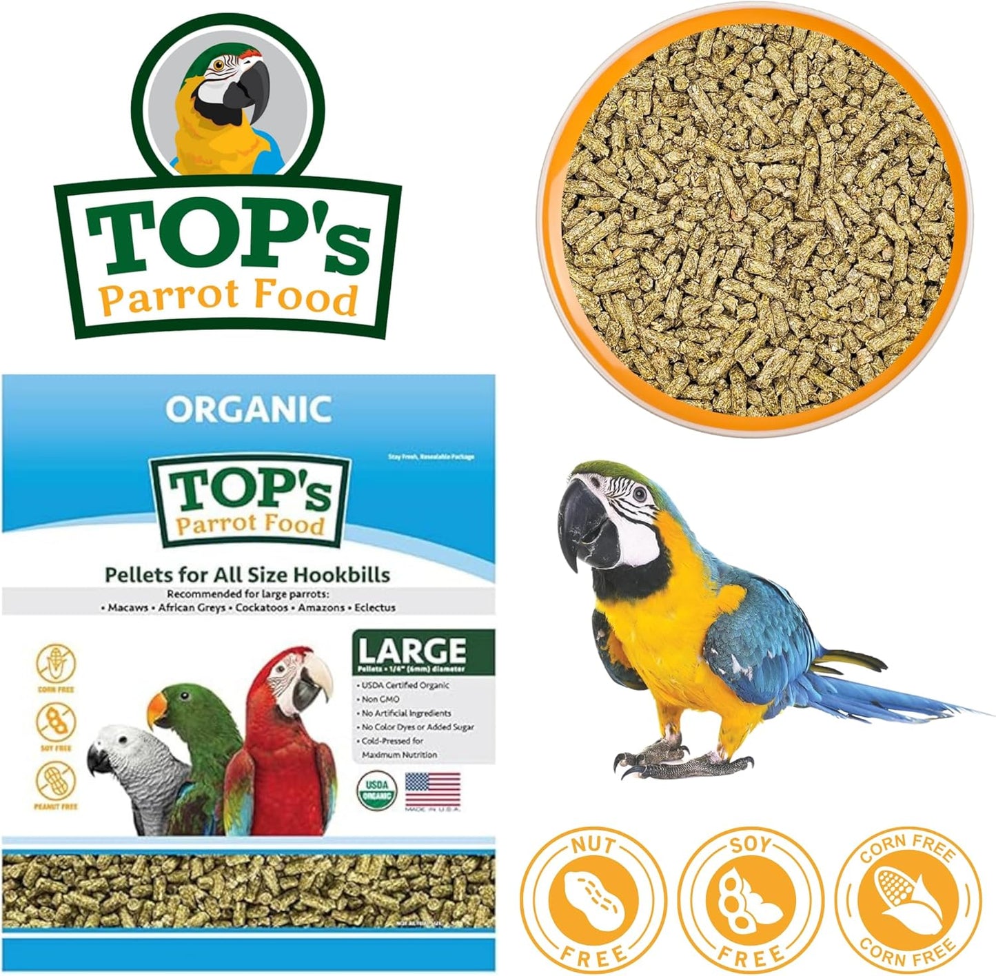 TOP's Parrot Food Pellets Hookbills, Small, Medium and Large Parrots - USDA Organic Certified - 25 lb / 11.33 kg