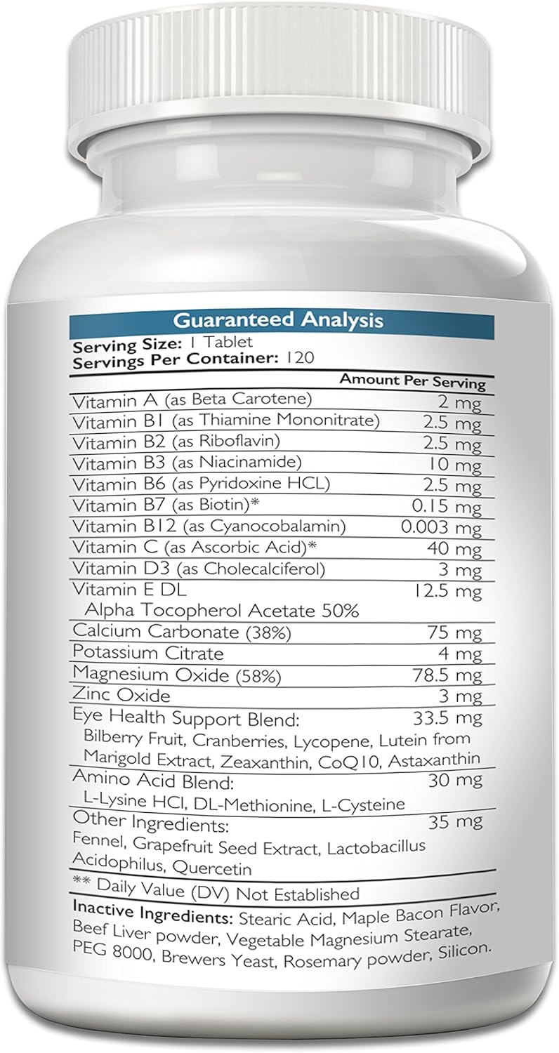 Eye Care for Dogs Daily Vision Supplement with Lutein, Zeaxanthin, Astaxanthin, CoQ10, Bilberry Antioxidants, Vitamin C, Vitamin E Support for Dog Eye Problems, 120 Chewable Tablets