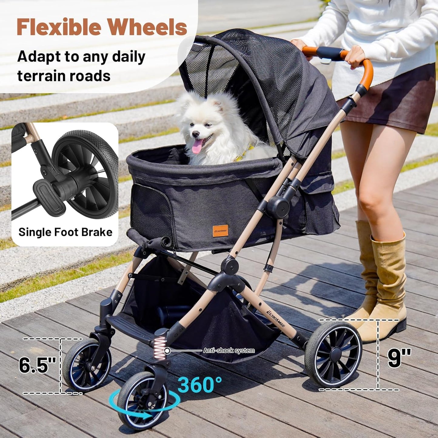 EchoSmile Small Medium Dogs Stroller 4-Wheel Pet Strollers for Medium Dogs Up to 50lbs, One Click Folding Large Cat Stroller, Reversible Handle, Shock Absorbing Wheels, Removable Washable Pad