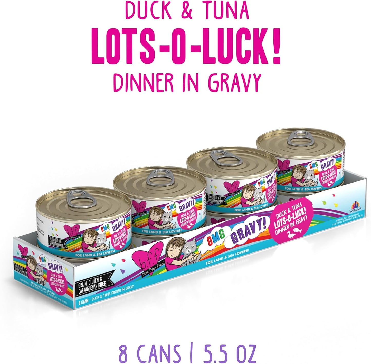 Weruva B.F.F. OMG - Best Feline Friend Oh My Gravy!, Lots-O-Luck! with Duck & Tuna in Gravy Cat Food, 5.5oz Can (Pack of 8)