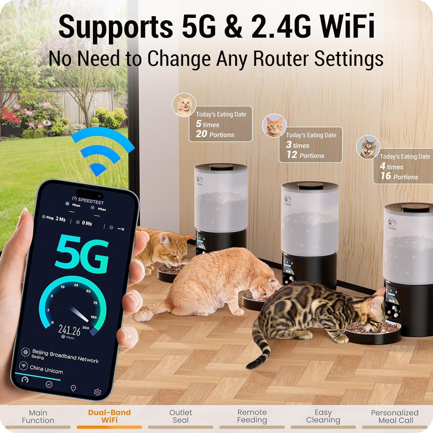 5L Automatic Cat Feeder with Sealed Outlet: 5G WiFi Automatic Dog Feeder with APP Control, Auto Cat Food Dispenser with Voice Recording for Pets, Detachable for Easy Clean - 21 Cup
