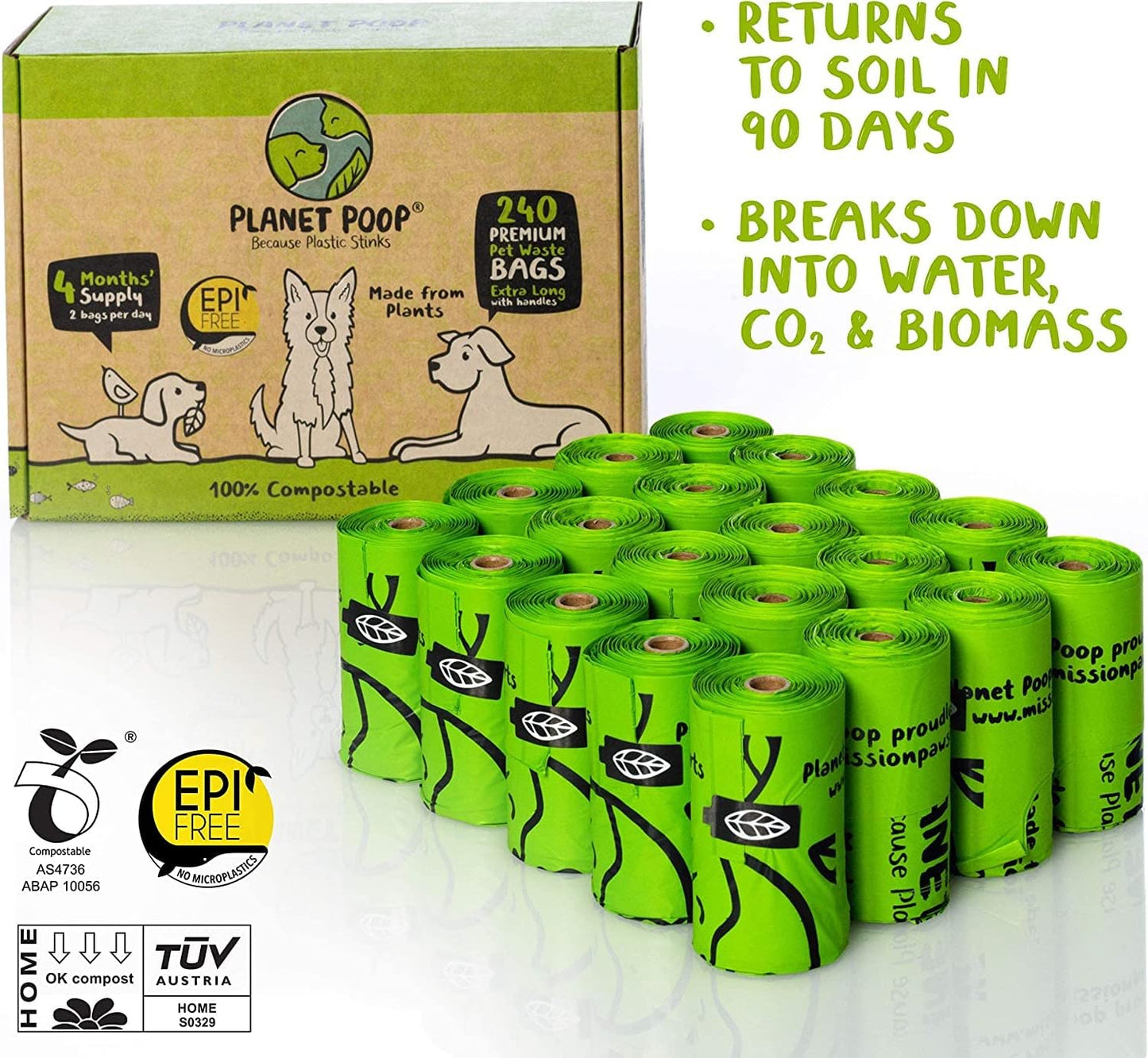 PLANET POOP Home Compostable Dog Poop Bags Extra-long with Handles 240 Un-Scented Pet Waste Bags Plastic Free, Thick Leakproof Plant-Based Doggy Bag, Cats & Dogs Pet Supplies