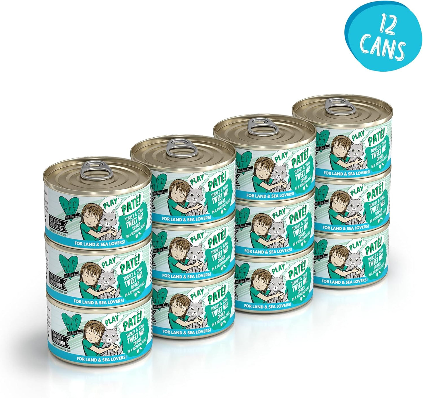 Weruva B.F.F. Play - Best Feline Friend Paté Lovers, Aw Yeah!, Turkey & Tuna Tweet Me! with Turkey & Tuna, 2.8oz Can (Pack of 12)