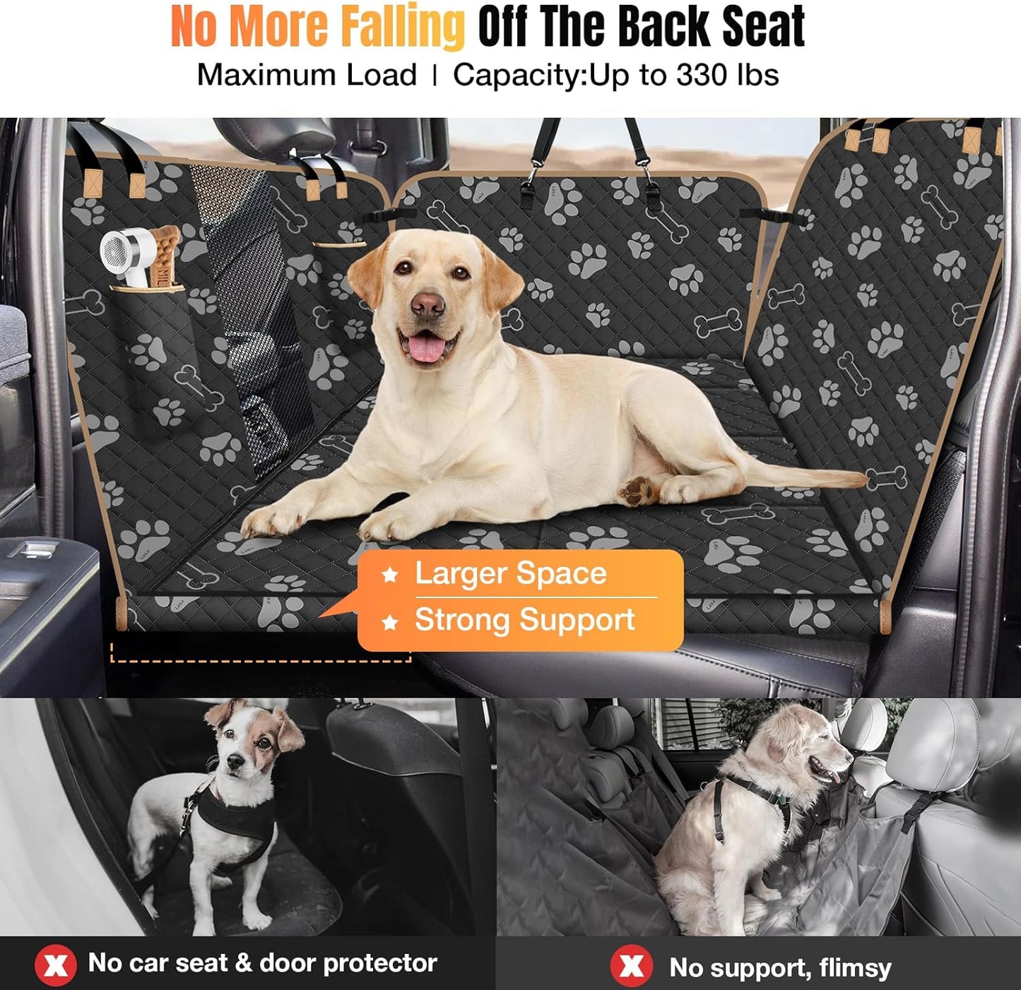 Dog Car Seat Cover for Back Seat, Larger Dog Car Bed Cover with Strong Bottom, Car Back Seat Extender Hammock for Full Size Truck/SUV Black 8 Panels Black Foot Print