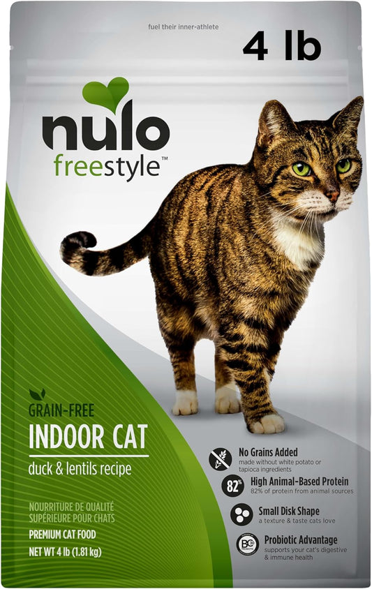 Nulo FreeStyle High Protein Indoor Cat Food, Duck & Cod Recipe - Natural Grain-Free Dry Indoor Cat Food with Omega Fatty Acids, & Probiotics, 4 lb Bag