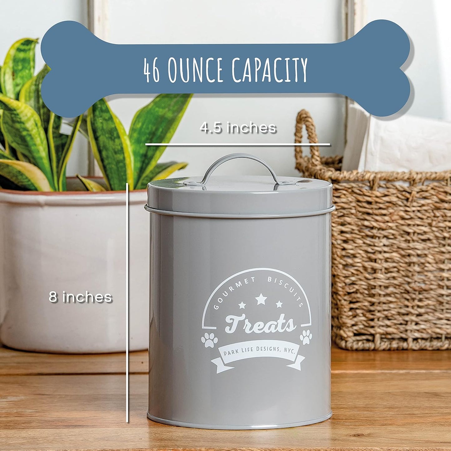 Park Life Designs - Metal Pet Treat Jar with Airtight Lid for Dogs, Cats, Puppies and More, Chic Kitchen Countertop Container for Cookies, Biscuits and Treats (Gourmet Biscuits, Grey, 1.4 Qt)
