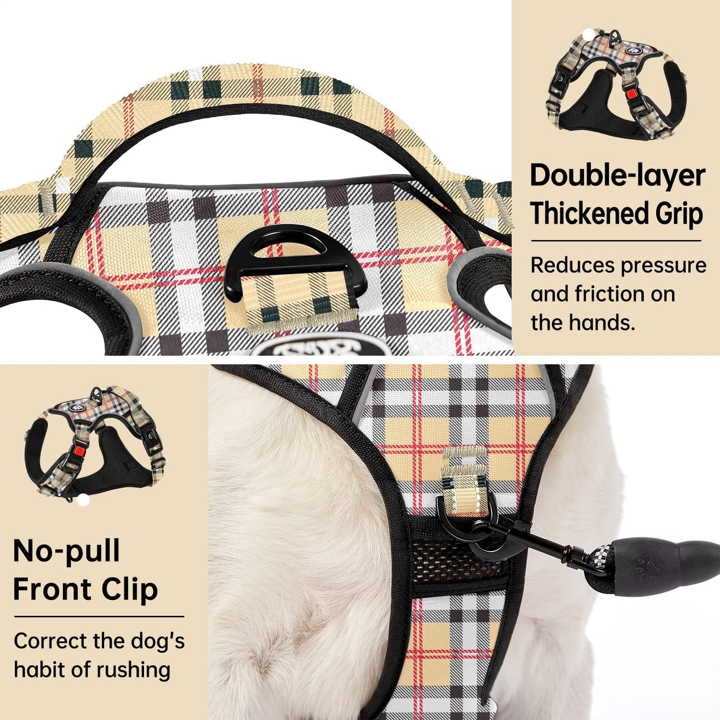 IVY&LANE No Pull Dog Harness with Leash Set, Reflective No Choke Pet Vest,Adjustable Oxford Dog Vest Harness with Easy Control Handle for Small Dogs (Checkered Beige,S)