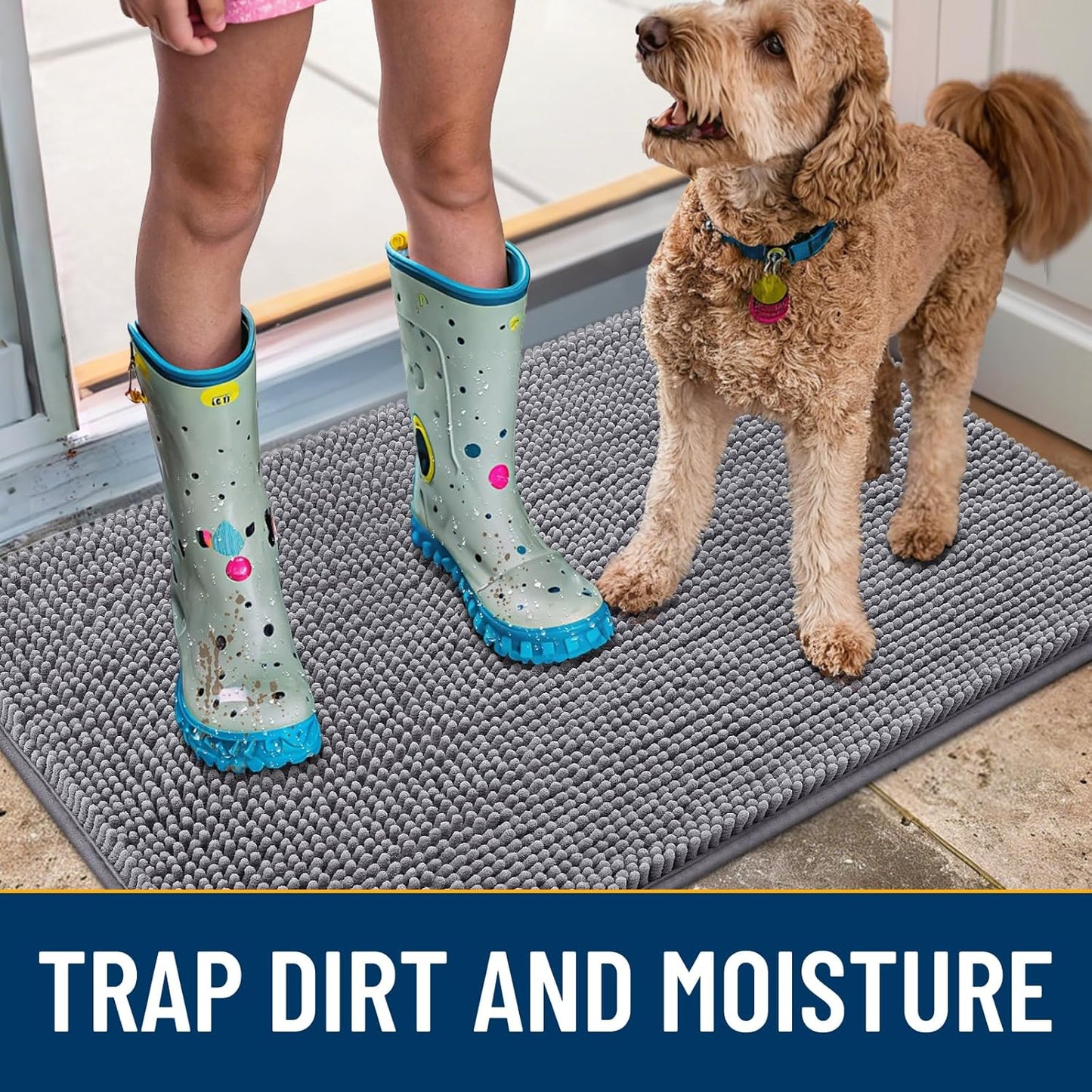 Smiry Dog Door Mat for Muddy Paws 30x20, Absorbs Moisture and Dirt Doormat, Non-Slip Washable Quick Dry Chenille Front Door Mat Indoor Entrance, Entryway Carpet for Inside Floor, Grey