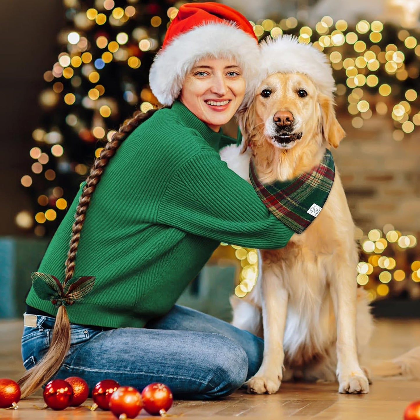 E-Clover Cute Dog Bandanas Plaid Dog Bandana Matching Scrunchie Pet Kerchief Scarf for Medium Large Dogs Boy Girl Green Red