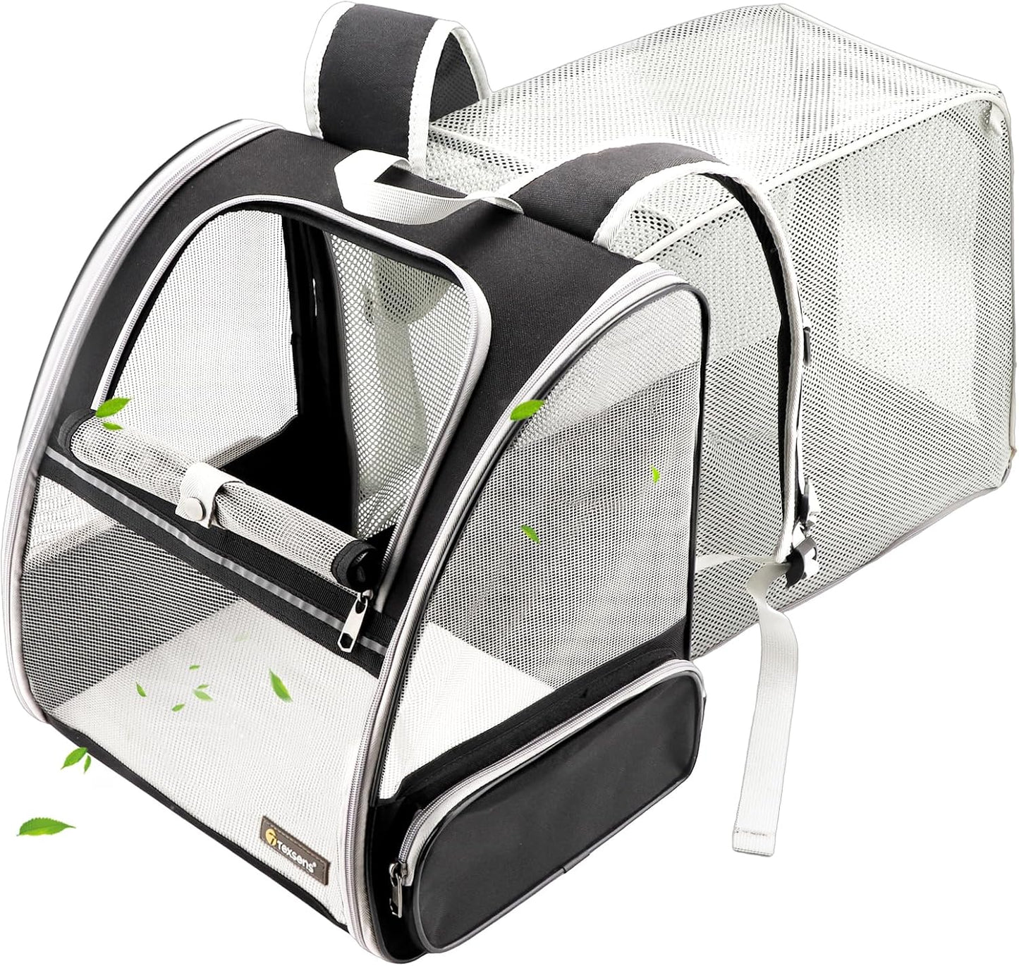 Texsens Cat Backpack - Expandable Pet Carrier for Medium Cats and Small Dogs up to 17 lbs - Breathable, Collapsible & Soft Cat Travel Bag for Outdoor Hiking (Black)