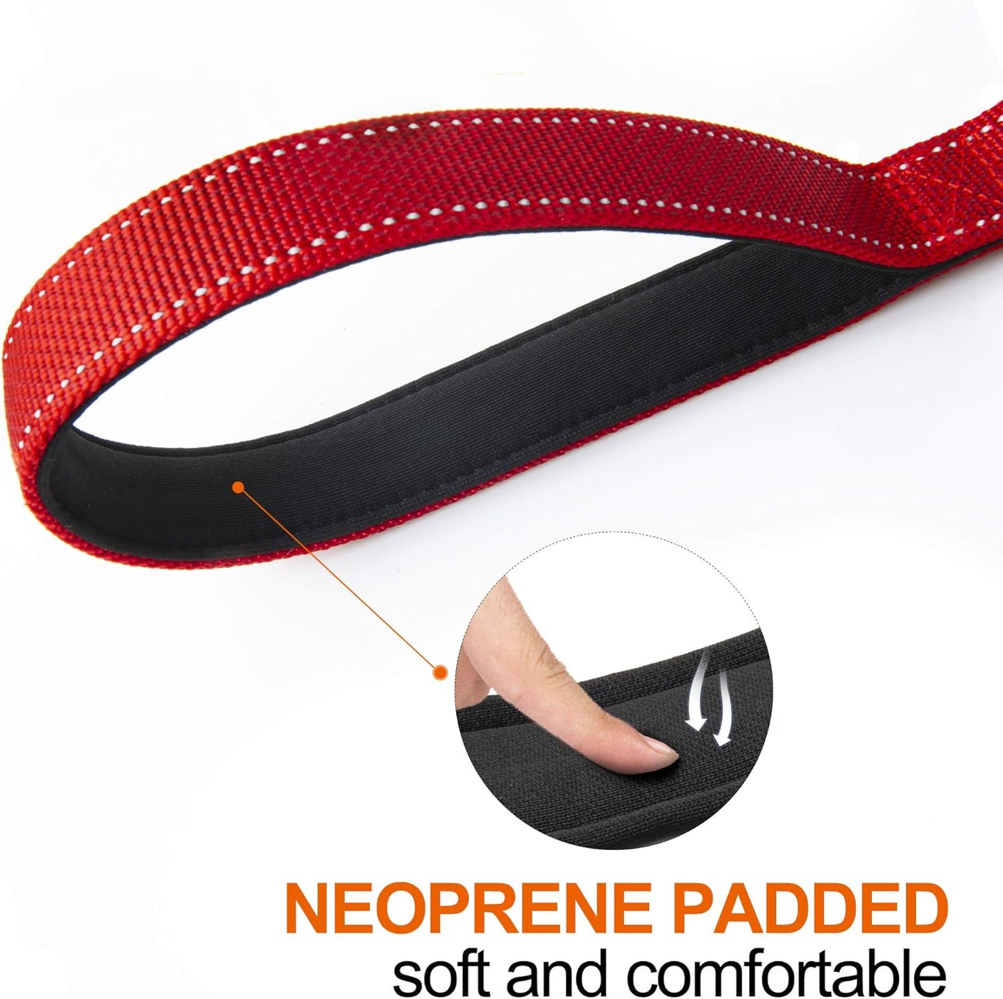 TwoEar 4FT 1IN Strong Red Dog Leash with 2 Padded Handles, Traffic Handle Extra Control, Comfortable Soft Dual Handle, Auto Lock Hook, Reflective Walking Lead for Small Medium and Large Dogs