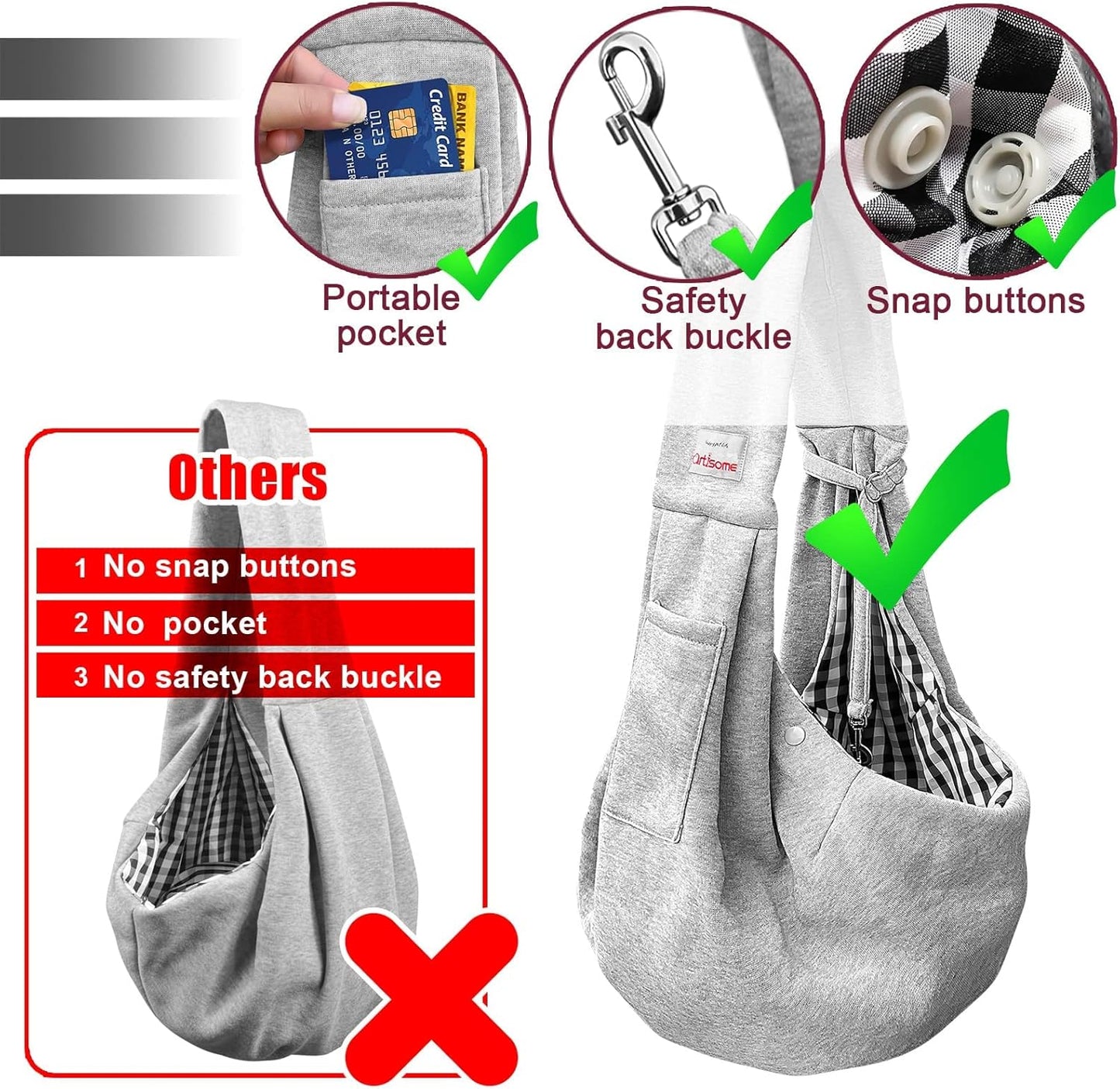 Pet Dog Sling Carrier for 3-10 lbs pet,Dog Purse Pouch,Dog Satchel,Reversible unadjustable Strap Travel Hand-Free Safe Bag Small Puppy Backpack (Grey)