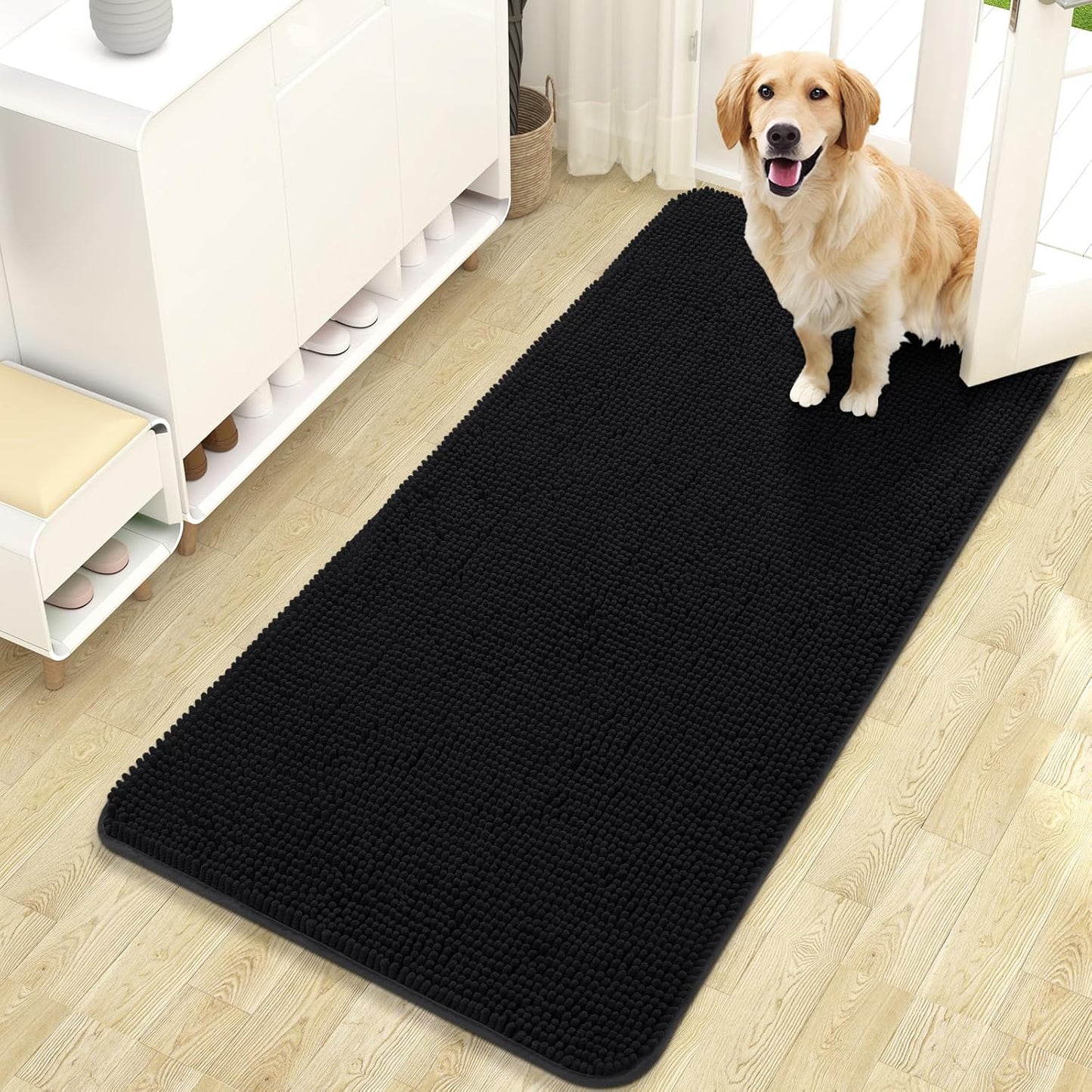 OLANLY Dog Door Mat for Muddy Paws 47x24, Absorbs Moisture and Dirt, Absorbent Non-Slip Washable Doormat, Quick Dry Chenille Mud Mat for Dogs, Entry Indoor Entryway Carpet for Inside Floor, Black