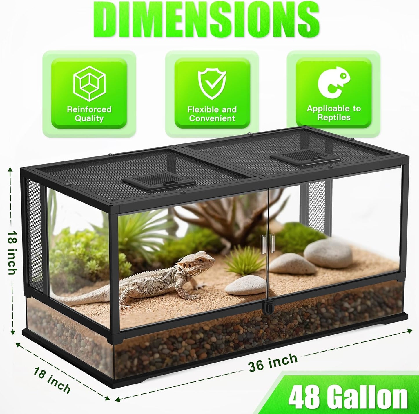 36’’18’’18’’ Reptile Terrarium with Full View Tempered Glass, 48 Gallon Reptiles Habitat Comes with Feeding Port and Mesh Top Vent, Suitable for Reptile Such as Bearded Dragon, Lizard and Snake