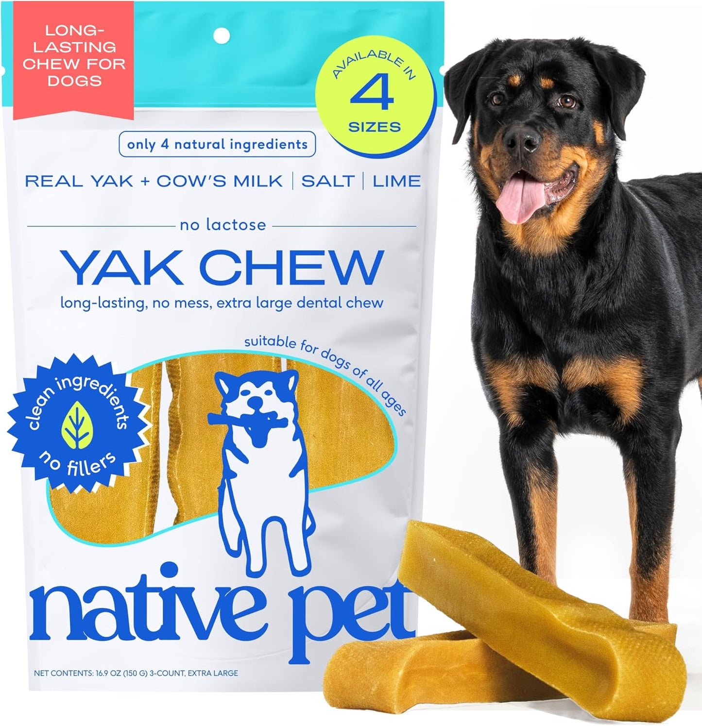 Native Pet Yak Cheese Himalayan Dog Chews XLarge - Long Lasting Dental Sticks for Extra Large Breeds – 100% All Natural Himalayan Yak Chews – Cheese Bone for Aggressive Chewers - 3 Per Pack