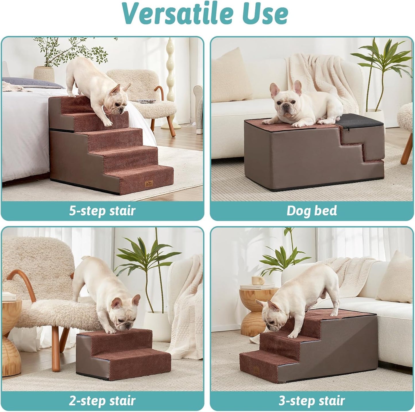 Dog Stairs for Small Dogs, 5 Tier Removable Wider Pet Stairs for Couch and Bed, 23.6" H Non-Slip Dog Steps for Puppies and Old Cats with Support Board, 29.5x19.7x23.6 inch, Brown