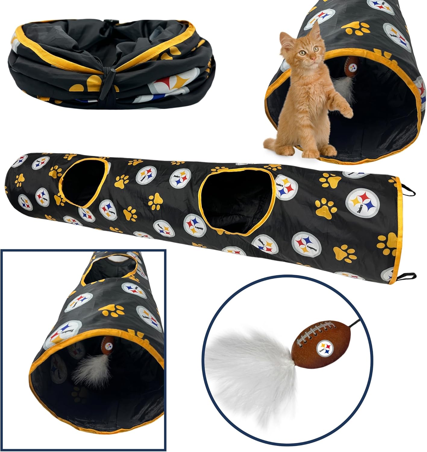 NFL Pittsburgh Steelers Cat Tunnel Tube Toy with Plush Football Catnip and Feathers Collapsible Tunnel for Cats to Play, Peek and Hide, Sporty & Fun Cat Tunnel Toy with Team Logo All-Over Design!