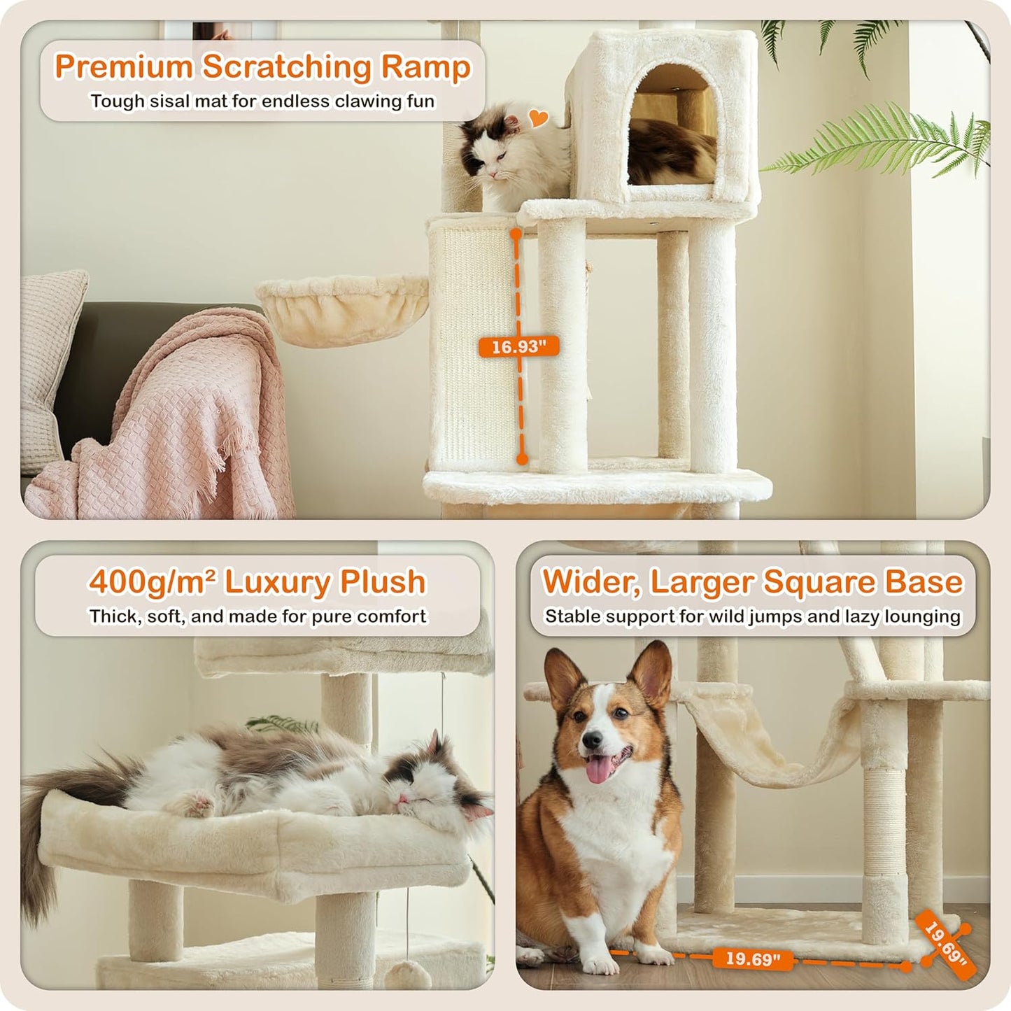Ouritsu Cat Tree, 61 inch Tall Cat Tower for Large Cat Indoor, Enlarged Condo, 2 Padded Perches with 1 Widened, Large Hammock, Scratching Post and ramp, Fluffy Basket, Beige, LF002WH