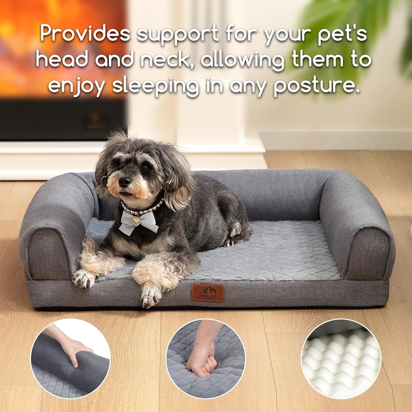 Hollypet Orthopedic Dog Bed for Medium Dogs, Supportive Foam Pet Couch with Removable Washable Cover and Non-Slip Bottom, Waterproof Lining Dog Sofa Bed, Gray, M (28 * 22.5 * 7.5)