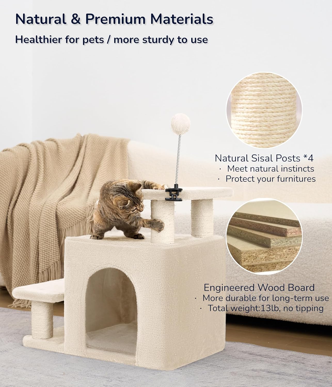 Happi N Pets Dog Stairs with Cat Scratching Post & Large Condo, Stable Pet Steps for High Beds Couch, 3 Combinations Cat Ramp Tree Tower for Cats or Small Dogs, Removable Cushion & Bonus Toy, Beige