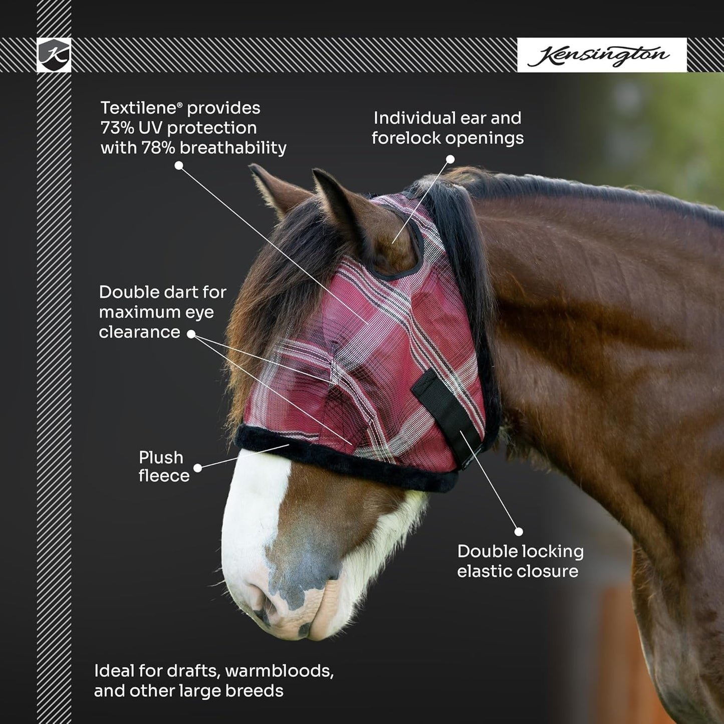 Kensington UV Fly Mask with Fleece Trim - Protective Mask with Dual Ear Opening Size: XXL Color: 2019-Imperial Jade
