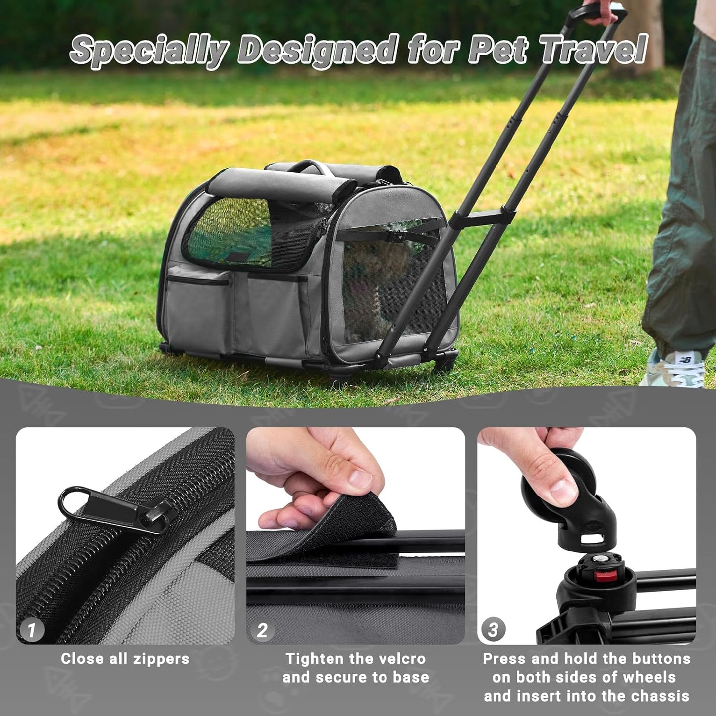 Large Pet Carrier with Wheels, Foldable Rolling Dog Carrier with Wheels and Big Pocket, Cat Rolling Bag 21"x13"x13" for 2 Cats &Dogs, for Travel, Outdoor, Vet Visits, Camping, Indoor. Gray